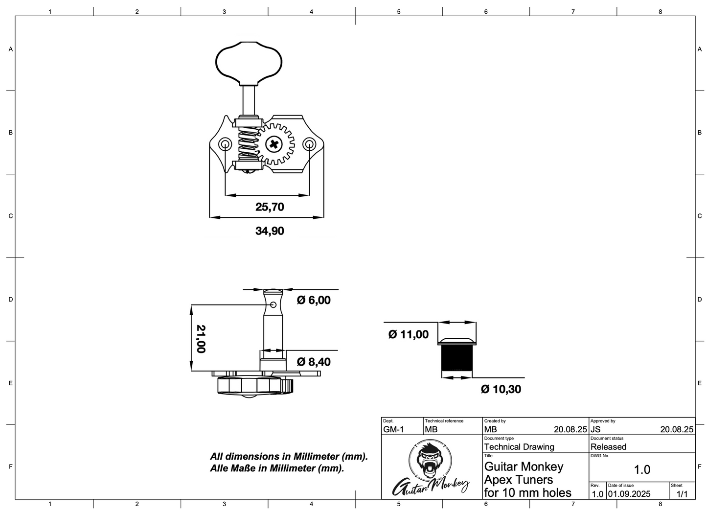 6-String Set - ApeX - offene Gitarren Mechaniken - Keystone Tulip Buttons - 8,5 mm (18:1)
