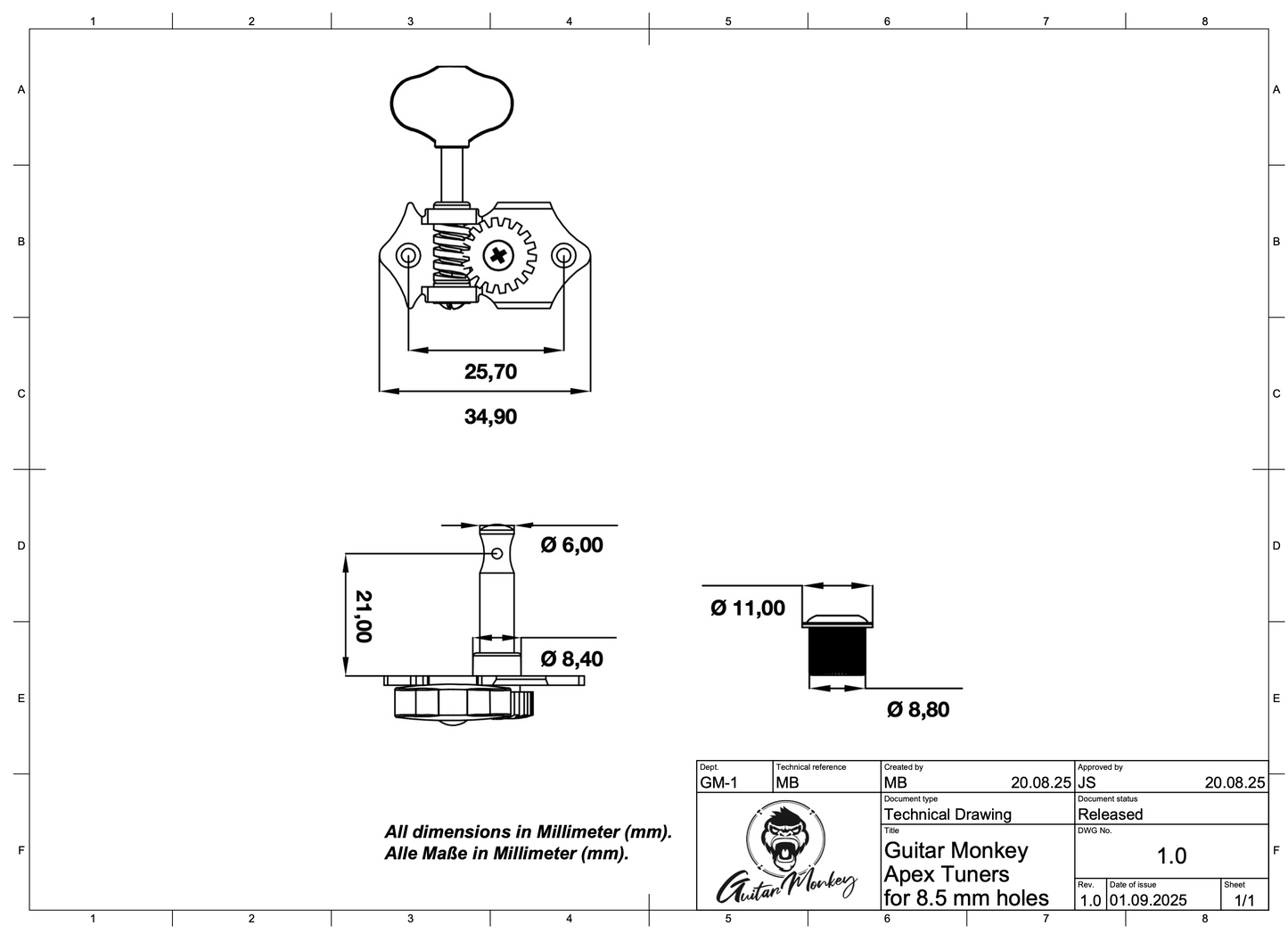 6-String Set - ApeX - offene Gitarren Mechaniken - Keystone Tulip Ebenholz Buttons - 8,5 mm (18:1)