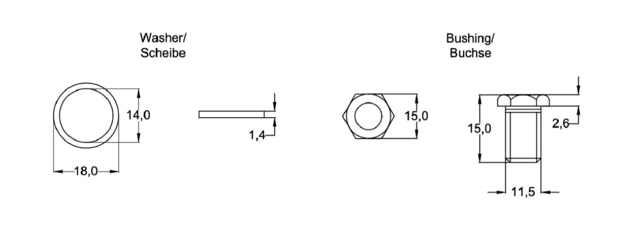 5 Buchsen und 5 Scheiben für Bass Mechaniken in Chrom - Guitar Monkey