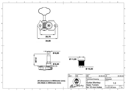 6-String Set - ApeX - open Tuners - Butterbean Metal Buttons - 10 mm (18:1)