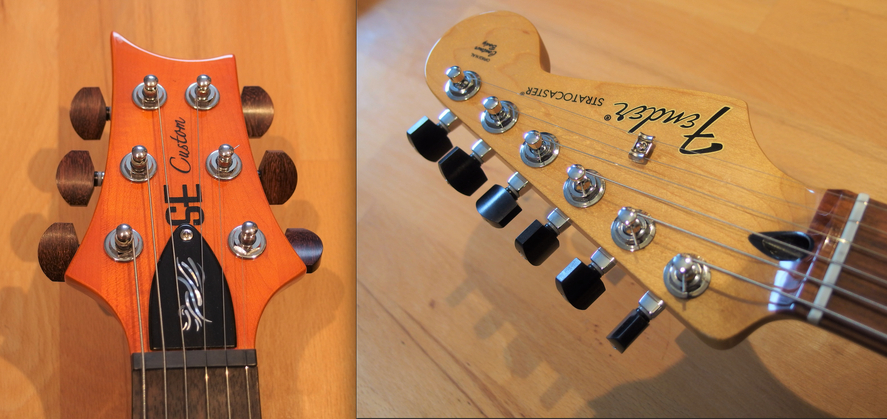 Fender Strat USA und PRS SE with Small German Ebony Buttons und Big German Tamarind Guitar Monkey Buttons